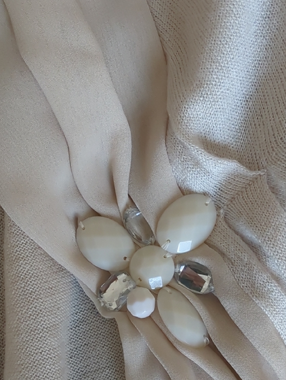 The Limited Cream Short Sleeve Shrug with Draped Scarf and Bead Accents - Picture 11 of 14